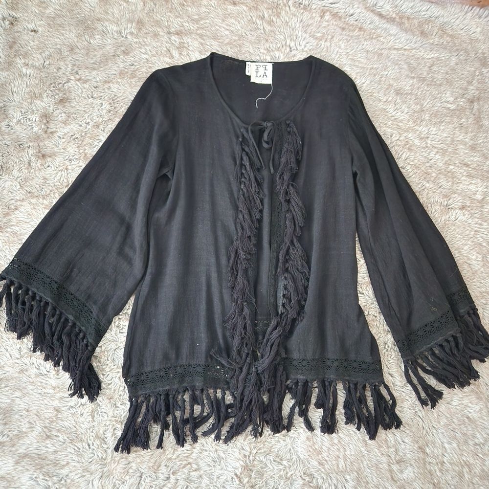 PPLA‎ Clothing Open Front Fringe Hem Black Kimono Cardigan Women's Size Medium